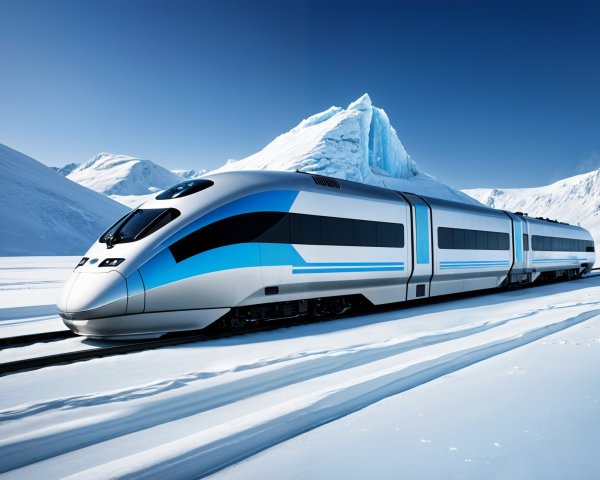 Futuristic train on snowy tracks with mountains backdrop