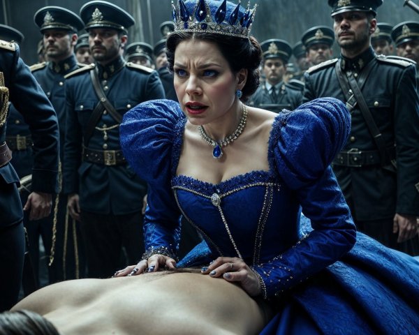 Queen in Blue Gown Mourning Lifeless Figure with Soldiers