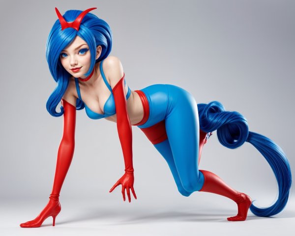 Stylish Character in Vibrant Blue and Red Costume