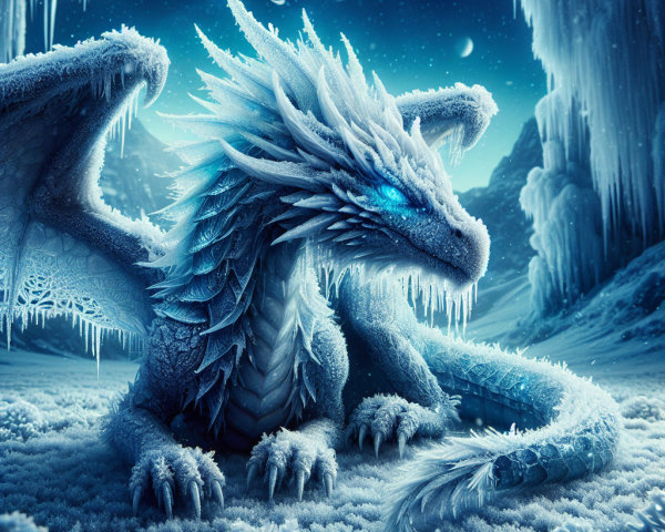 Majestic ice dragon in a serene frozen landscape