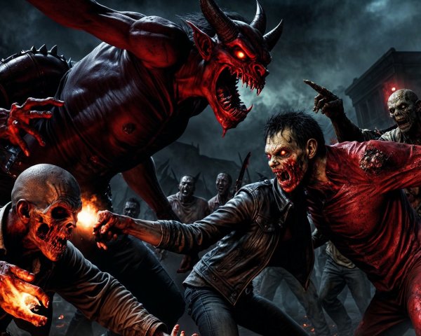 Apocalyptic Battle with Zombies and a Demon Figure
