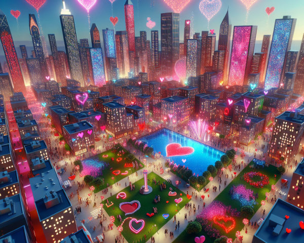 Vibrant cityscape at dusk with colorful lights and hearts