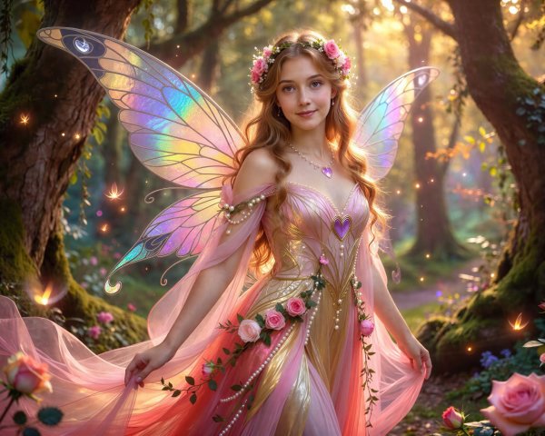Enchanting Young Woman in Fairy Dress in Forest