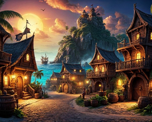 Coastal Village at Sunset with Wooden Houses and Castle