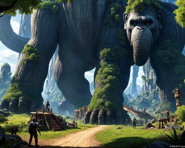 Gorilla-like Creature in a Lush, Fantastical Landscape