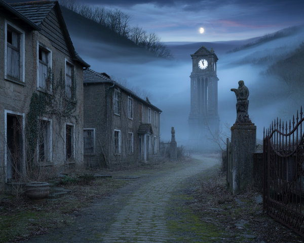 Misty Deserted Street with Dilapidated Houses and Clock Tower