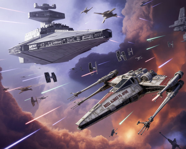 Dramatic Space Battle in a Vibrant Galaxy Scene