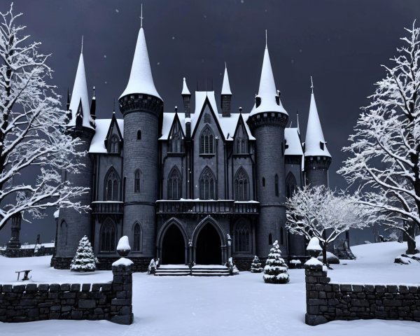 Majestic Castle in Snowy Winter Landscape