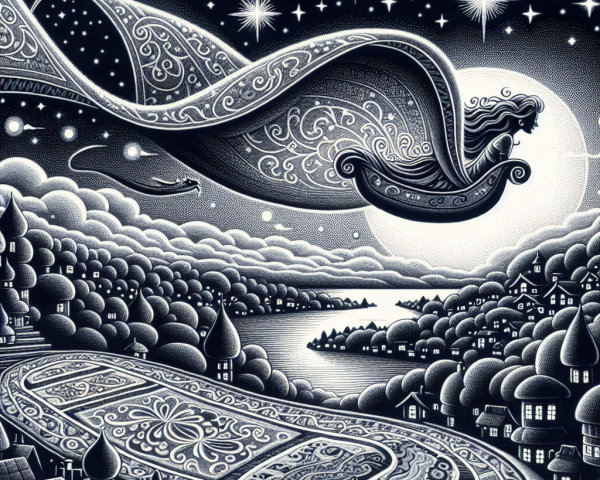 Whimsical Monochromatic Night Scene with Villages and Lake