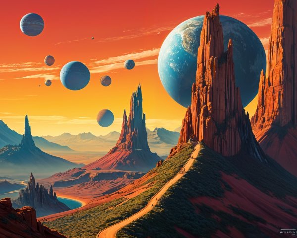 Alien Landscape with Towering Rocks and Sunset Colors