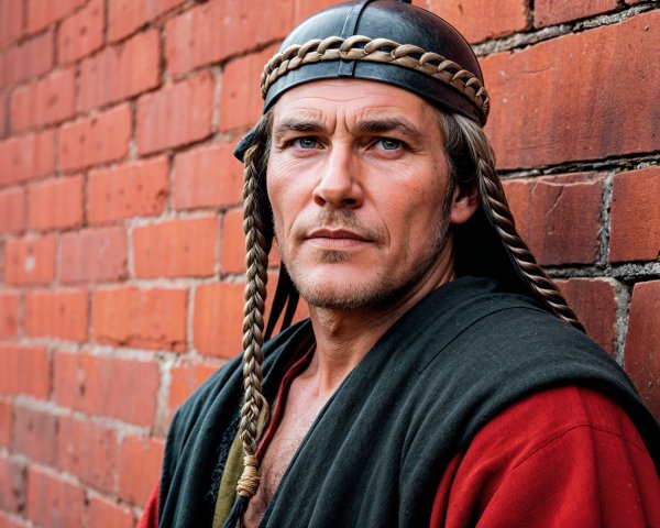 Stoic Man in Historical Attire with Braided Headpiece