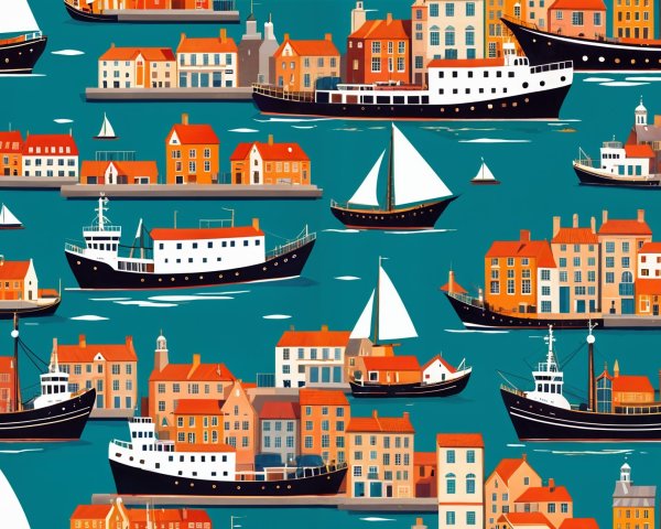 Vibrant Nautical Scene with Boats and Coastal Buildings