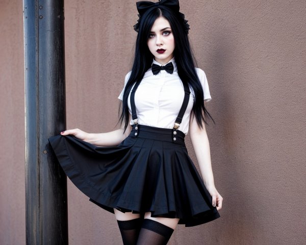 Young woman in stylish outfit poses by textured wall