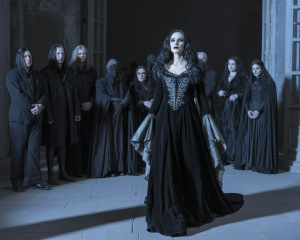 Gothic Scene with Woman in Black Gown and Cloaked Figures