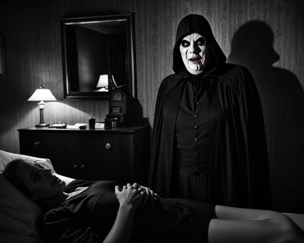 Eerie Black and White Hotel Room Scene with Figures