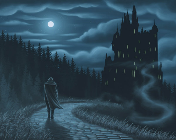Lone Cloaked Figure on Cobblestone Path Near Castle