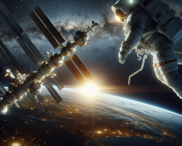 Astronaut Observes Futuristic Space Station and Earth