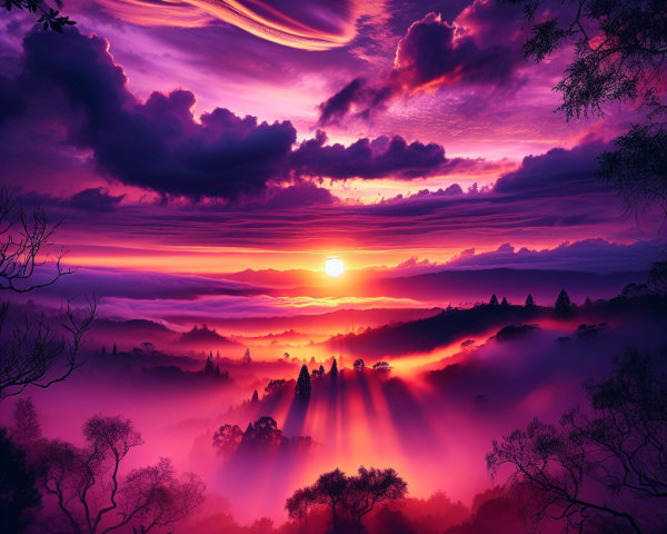 Vibrant Sunset with Silhouetted Trees and Hills