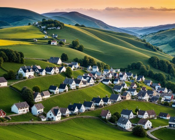 Picturesque Village Landscape with Rolling Green Hills