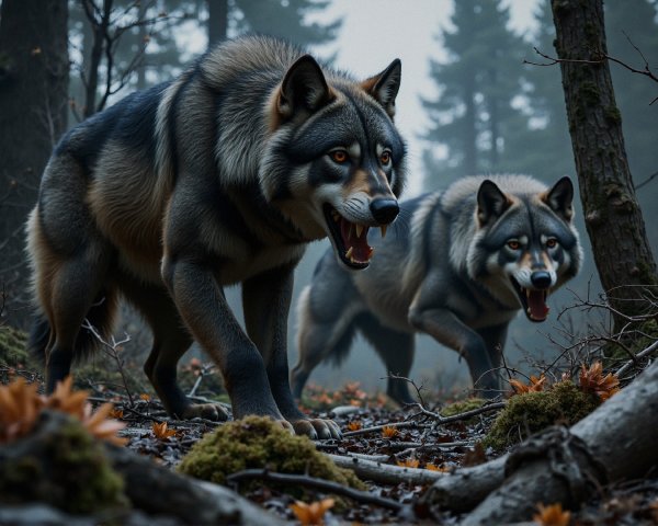 Wolves in a Misty Forest with Dominant Presence