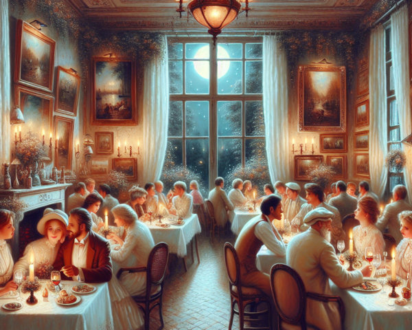 Elegant Banquet Scene with Vintage Attire and Decor