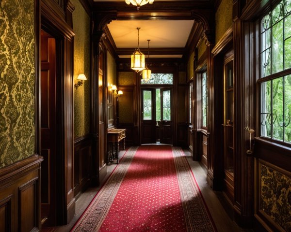 Elegant Hallway with Wood Paneling and Red Carpet