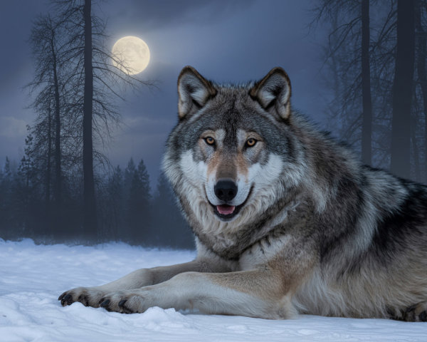 Wolf in Snowy Landscape Under Full Moonlight