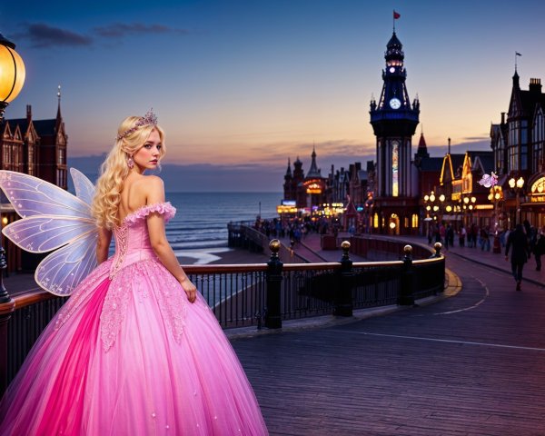 Young Woman in Pink Gown with Wings at Dusk
