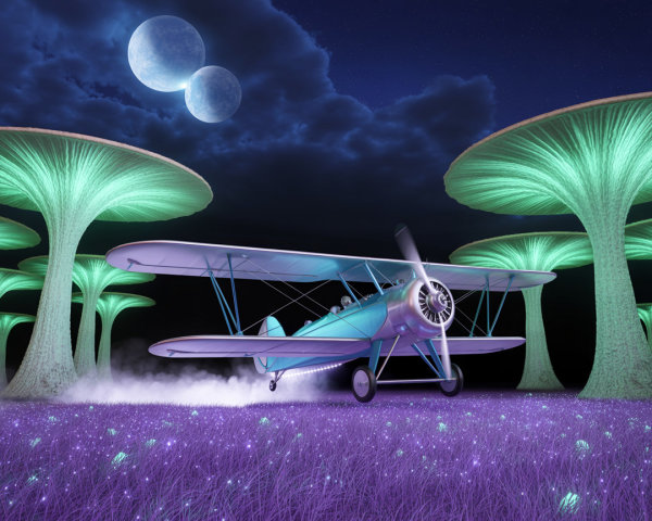 Vintage Biplane Amidst Surreal Purple Landscape