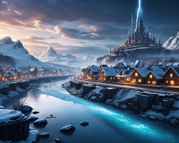 Winter Landscape with Village and Futuristic Castle