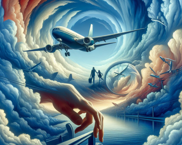 Surreal Airplane Scene with Clouds and Family Below