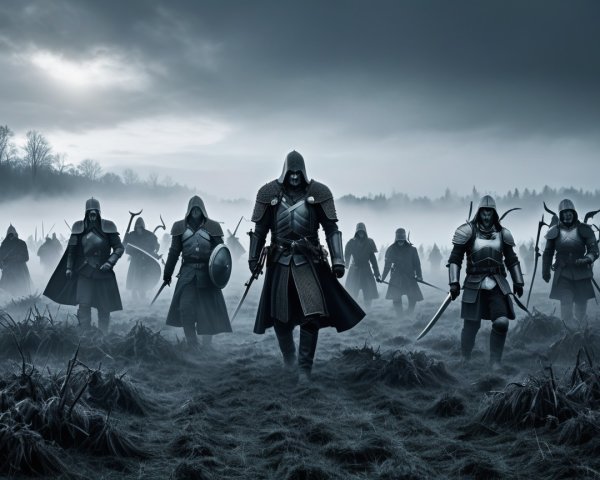 Armored Warriors in Foggy Desolate Landscape