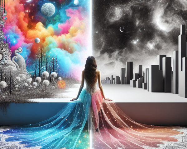 Woman Bridging Dreamlike Landscape and Urban Scene