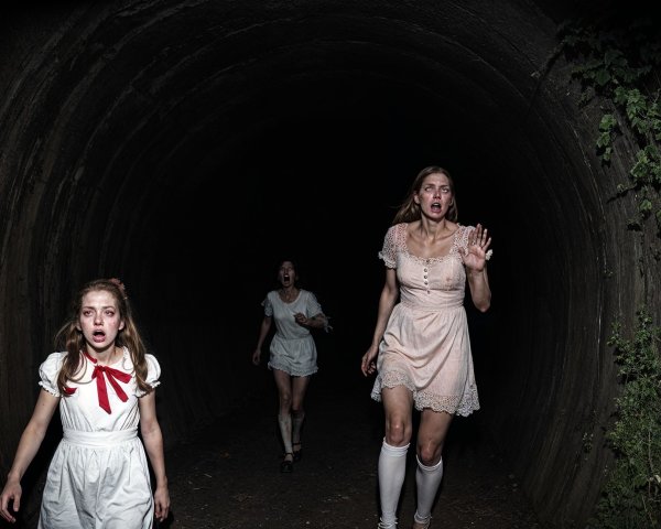 Three Women in Distress in Dark Tunnel Setting