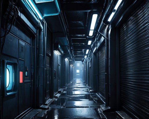 Dimly Lit Industrial Hallway with Metallic Walls
