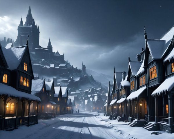 Snowy Medieval Village with Castle on a Winter Night