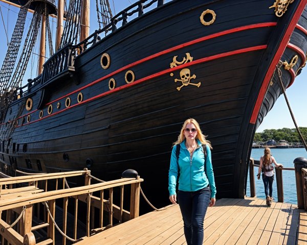 Blonde Woman on Dock by Black Pirate Ship