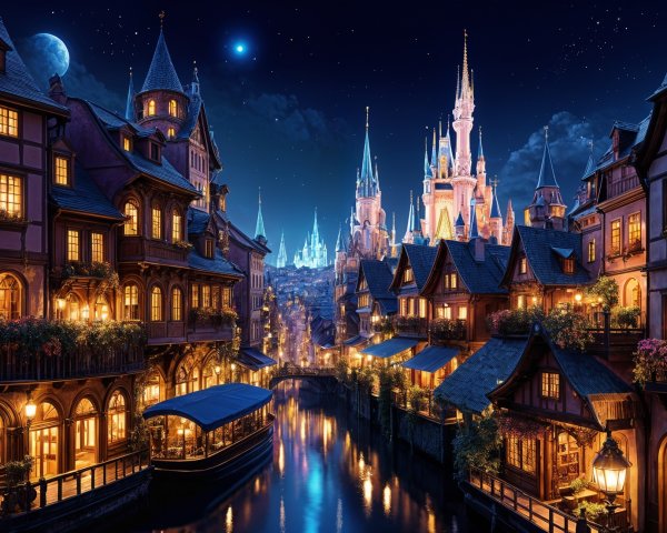 Moonlit Fantasy Village with Whimsical Architecture