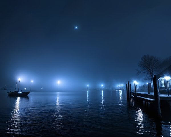 Tranquil Night Lake Scene with Mist and Stars