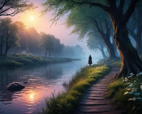 Tranquil Riverside Scene at Sunrise with Lush Greenery