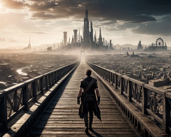 Lone Figure on Bridge Overlooking Misty Cityscape