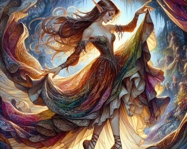 Elf in Colorful Gown in Enchanted Forest Setting