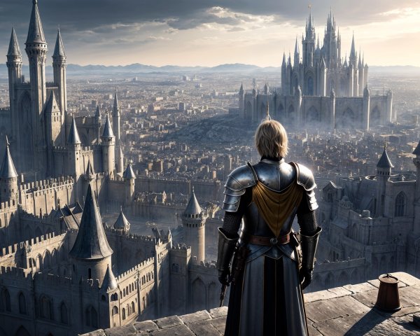 Knight on Castle Parapet Overlooking Medieval City