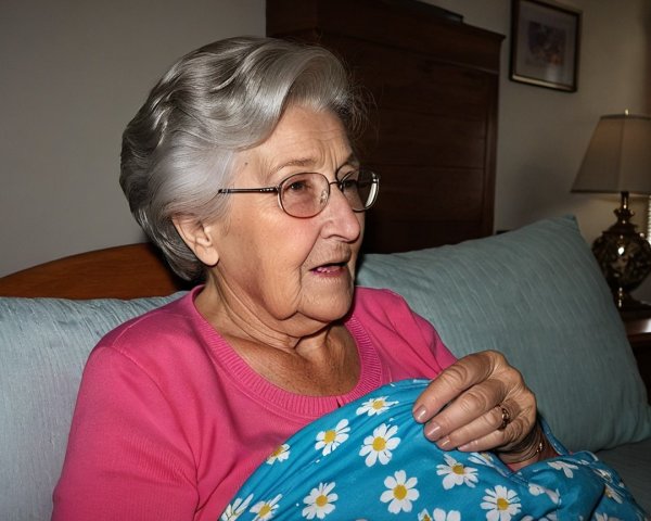 Elderly Woman in Pink Shirt with Blue Blanket Background