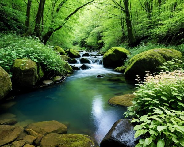 Serene Forest Stream with Moss-Covered Rocks and Foliage