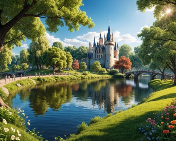 Grand Castle in Lush Landscape with Serene River