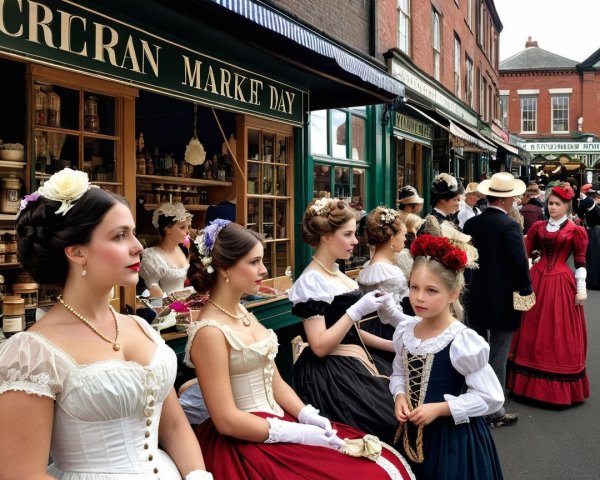 19th-Century Market Scene with Elegant Attire and Stalls