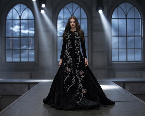 Dramatic Black Gown with Floral Embroidery on Runway