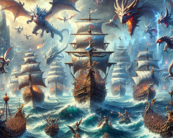 Majestic ships and dragons in a vibrant ocean scene