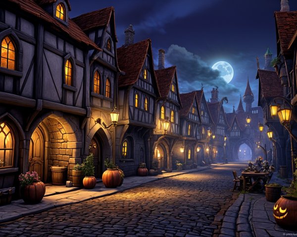 Charming Cobblestone Street with Lanterns and Moonlight